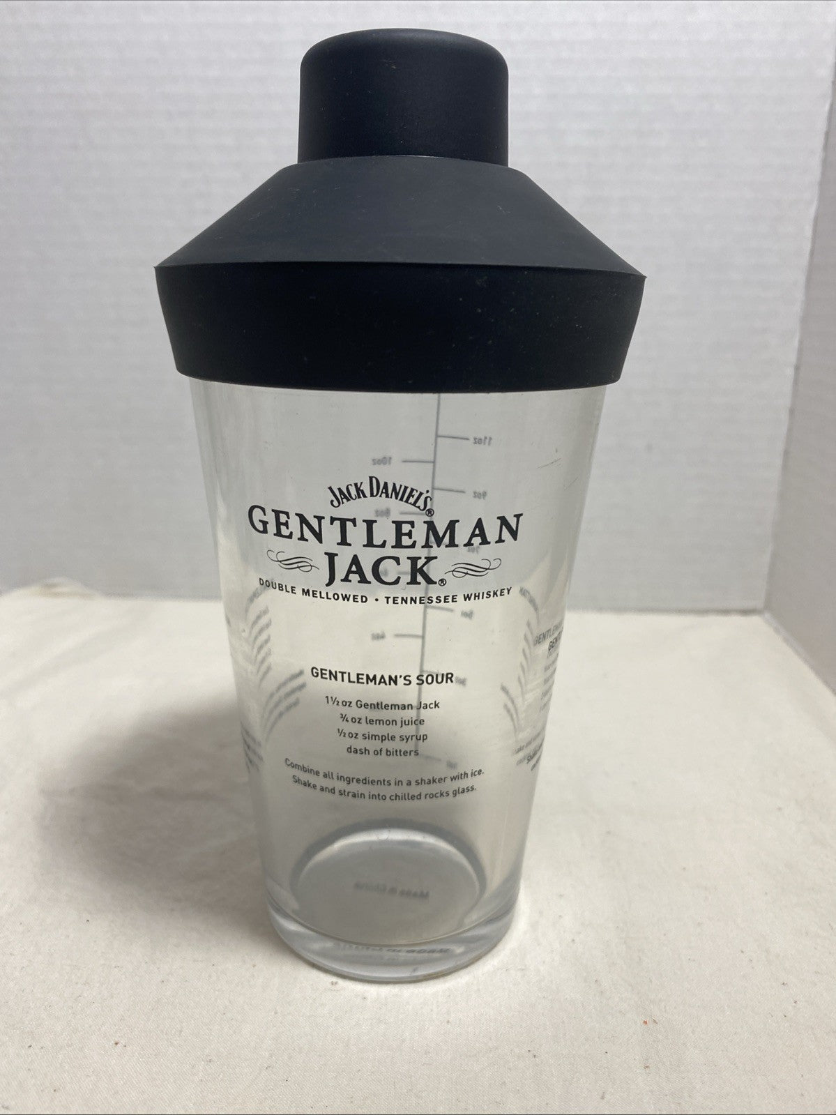 Jack Daniel's Gentleman Jack whiskey cocktail shaker glass with a silicone top