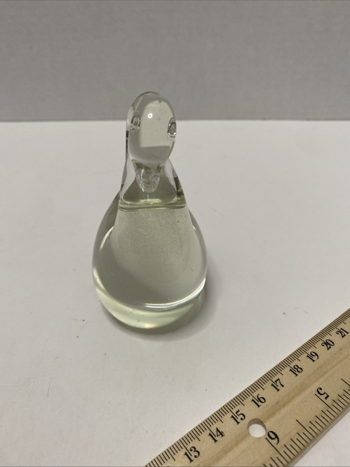 Vintage Clear With Yellowing Glass Paperweight Swan 4”