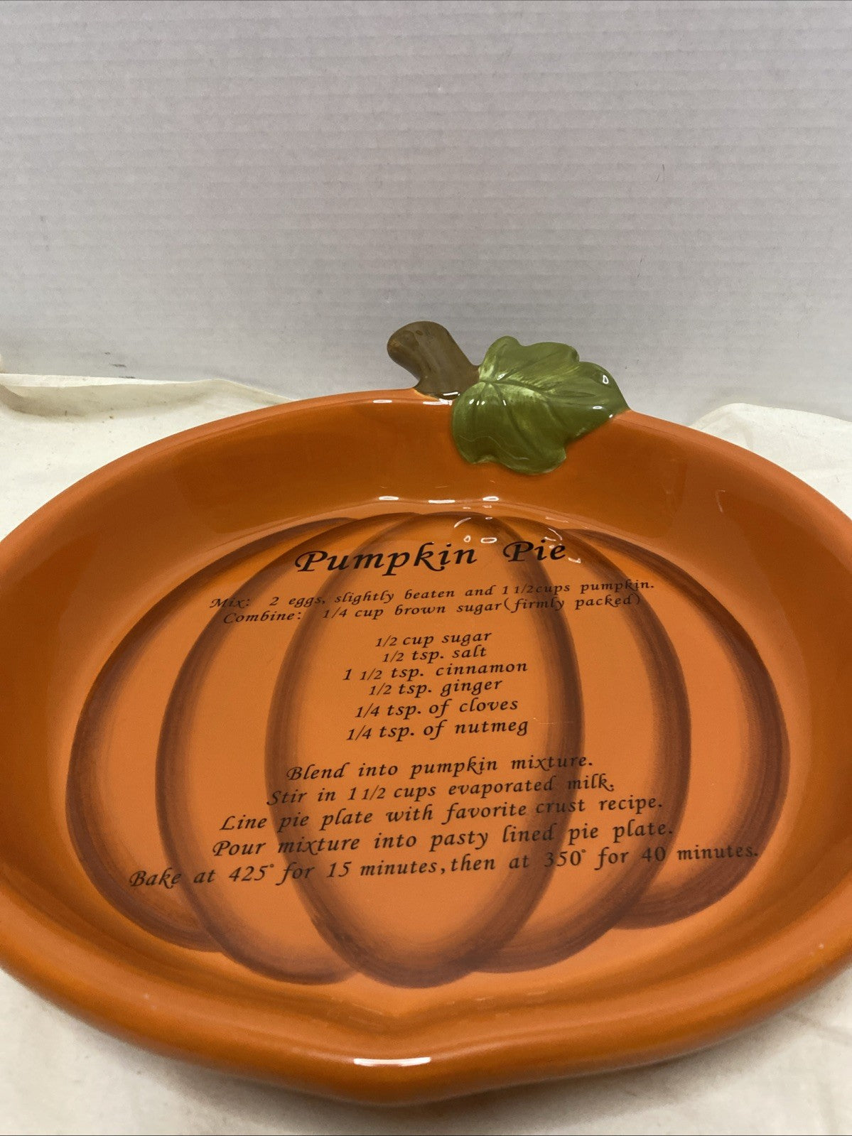 Ceramic Pumpkin Pie Plate With Recipe Printed On Base
