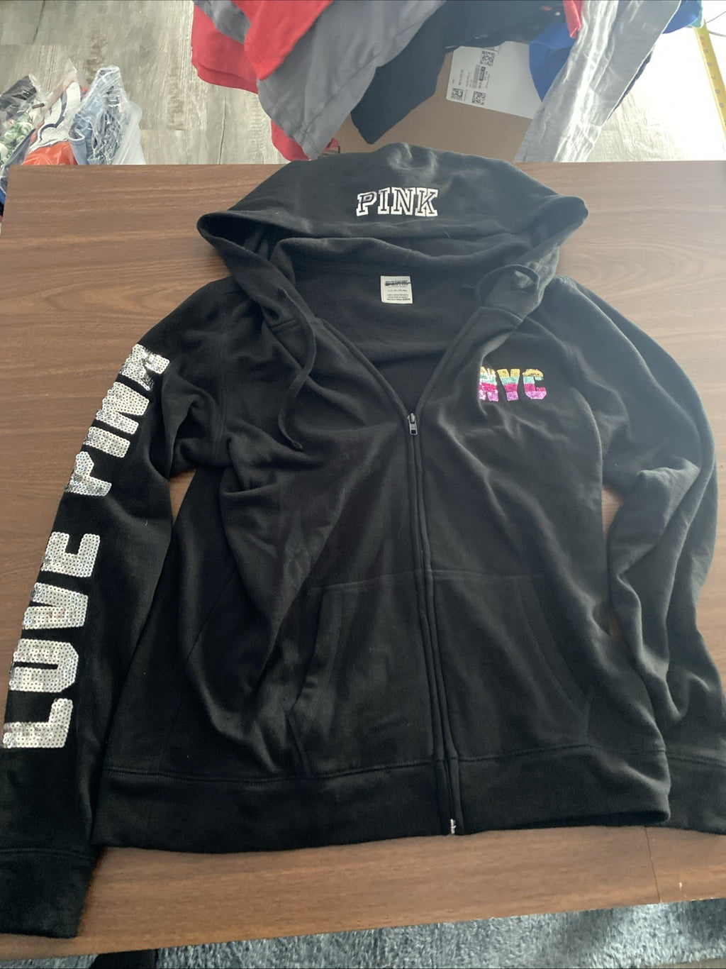 Pink Victoria’s Secret love pink NYC black women’s small hoodie zip up