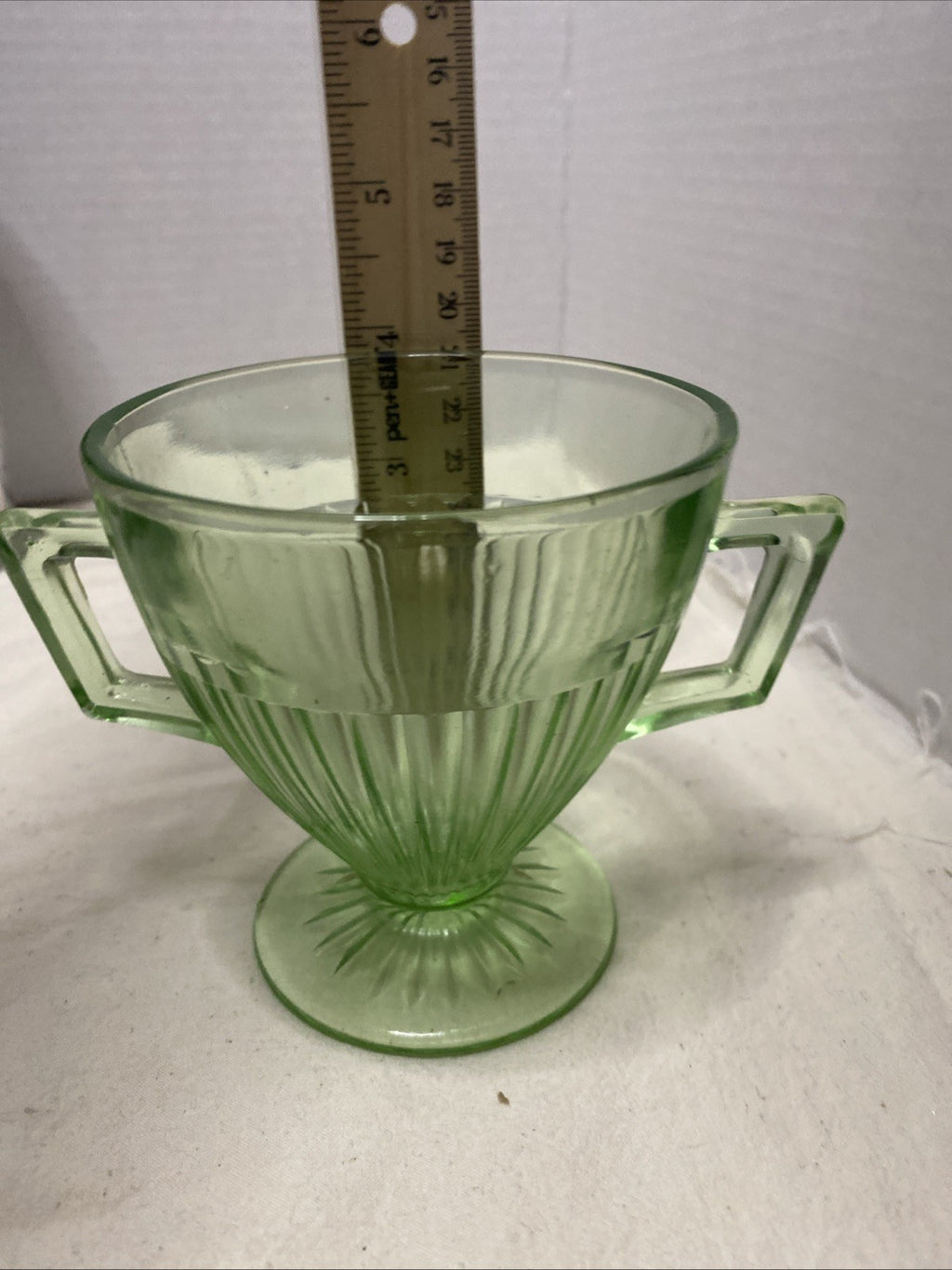 Sugar Bowl Depression Uranium Green Glass Vertical Ridge 4 in tall