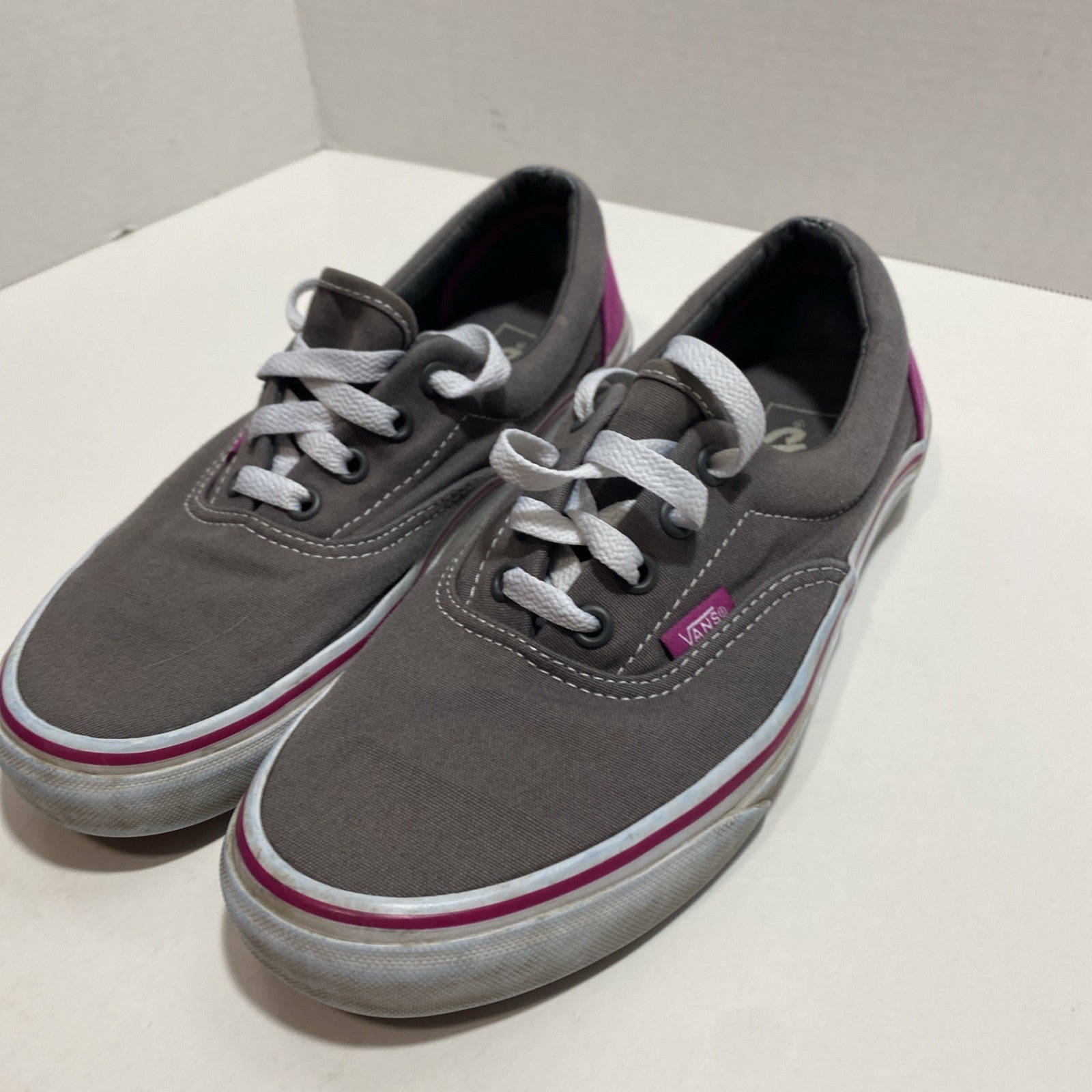 Pink And Grey Low Top Athletic Vans. Men 6 Women 7.5