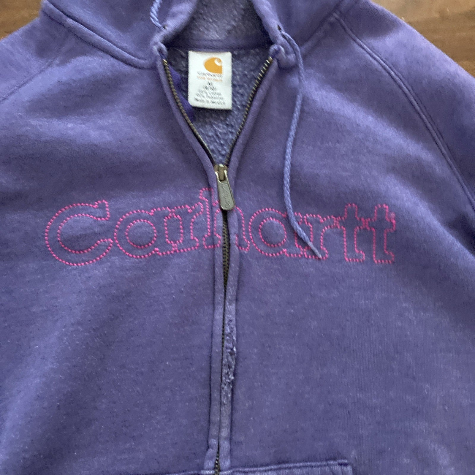 Carhartt Womans Medium 8/10 Full Zip Hoodie Purple W/Pink Writing
