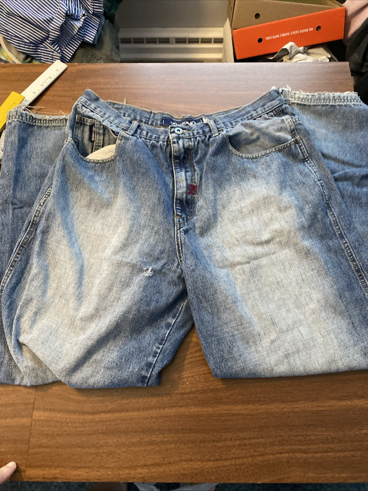 Brooklyn Express Jeans Men's 38x 34 Distressed Destroyed Blue Denim Skater