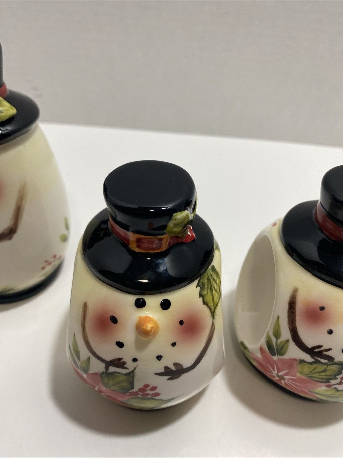 Lot Of 2 Poinsettia Snowman Napkin Ring Holders And 2 Candle Holders