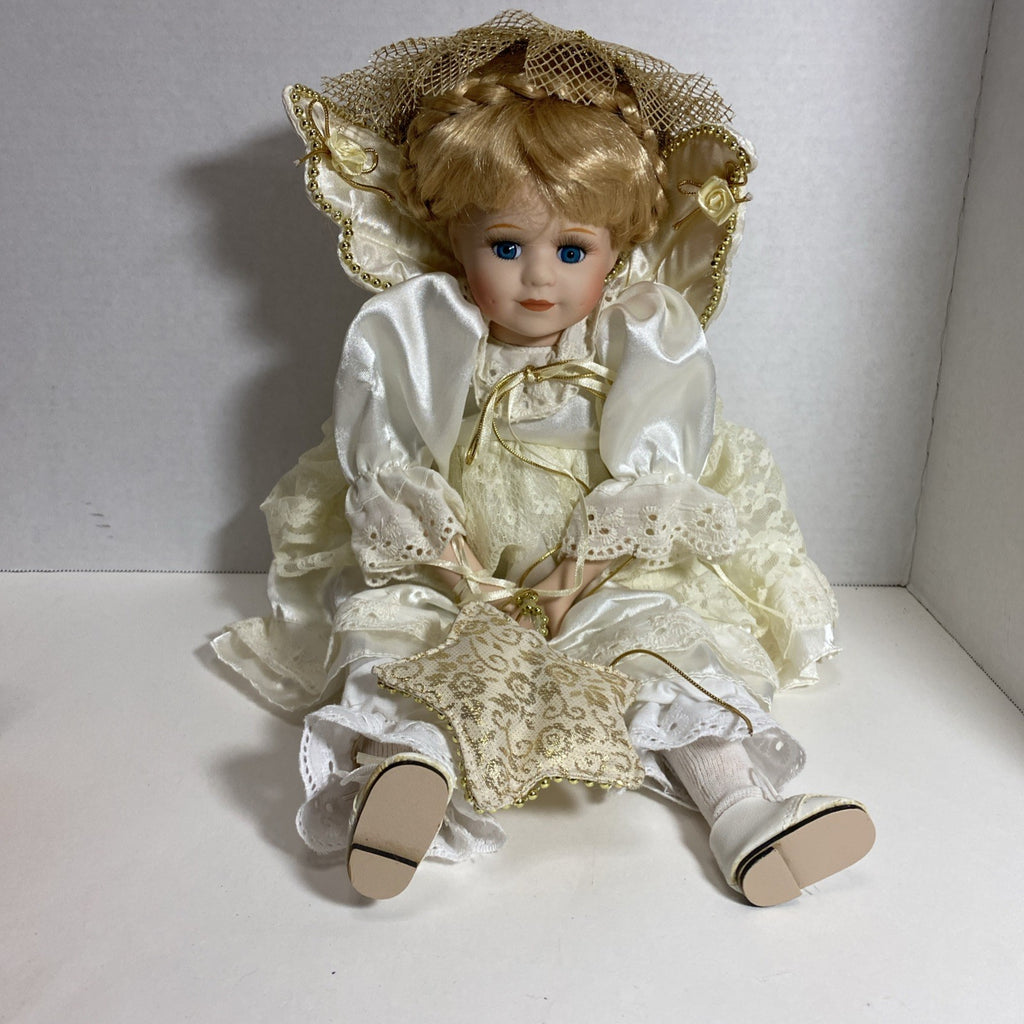 18” Porcelain Angel Doll with Gold Embellished White Satin & Lace Dress