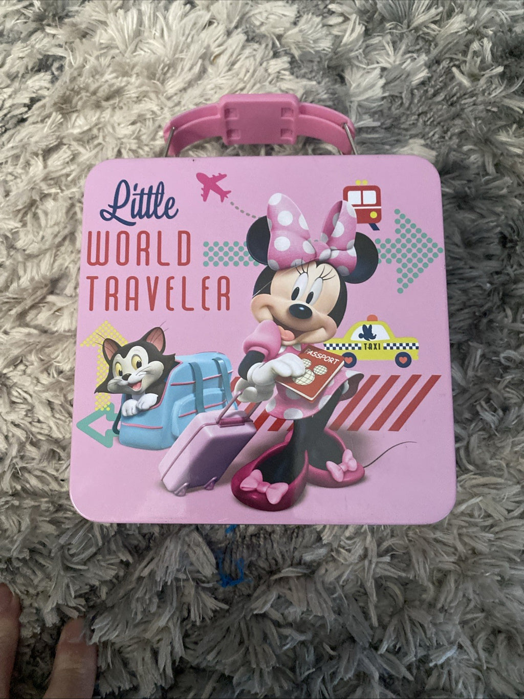 Disney-Minnie Mouse Tin Metal Lunch Box Collectible-Little World Traveler Case