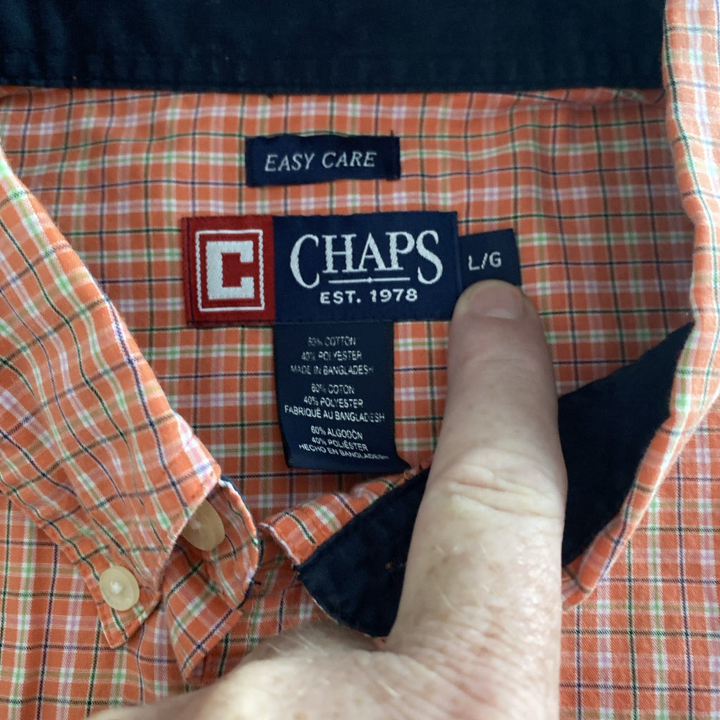 Chaps Easy Care Mens Shirt Orange & White Large Short Sleeve Button Plaid Pocket