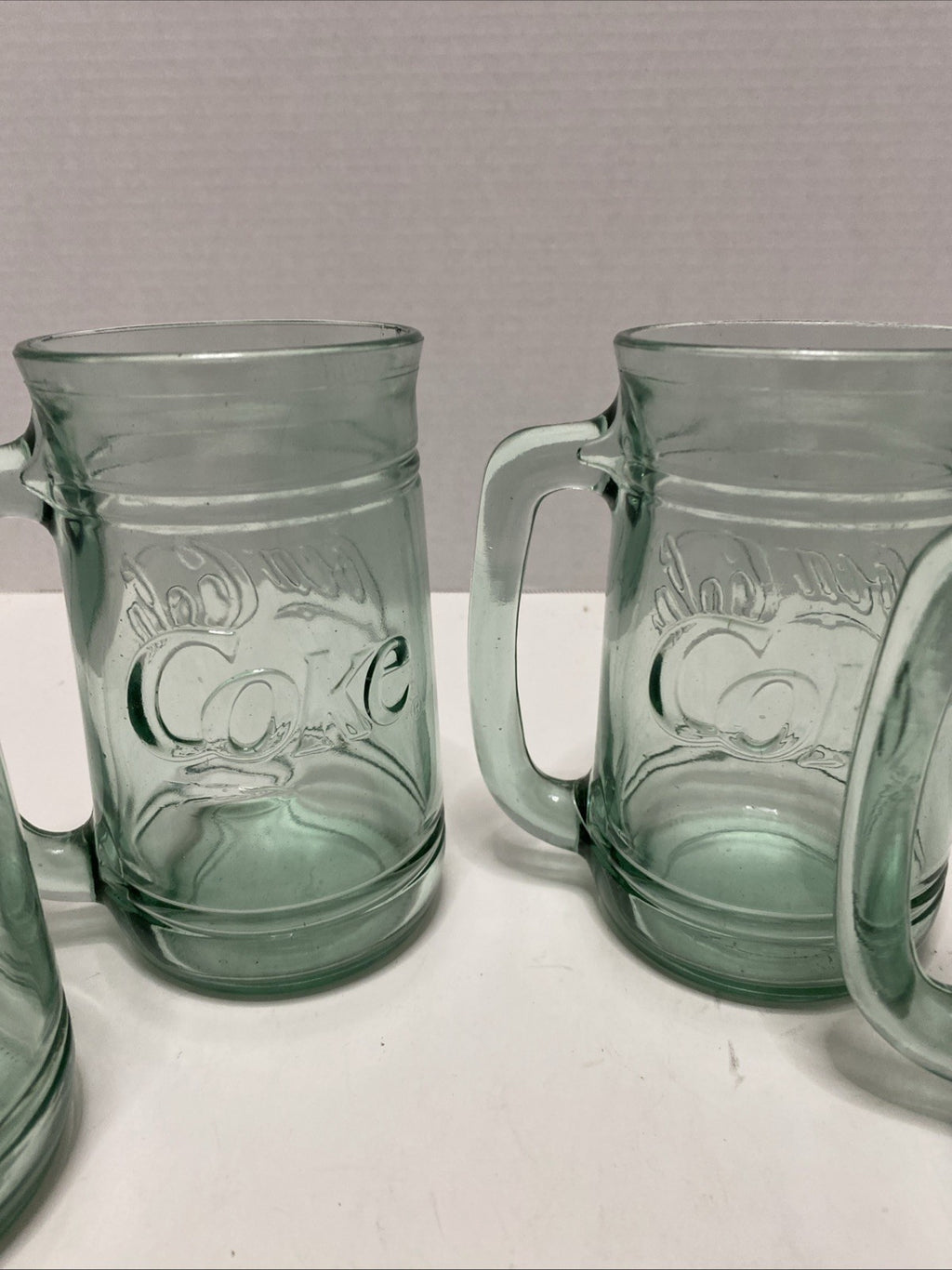 Set of 4 Vintage COCA-COLA Green Glass Coke Mugs Stein w/ Handle 16 oz Heavy