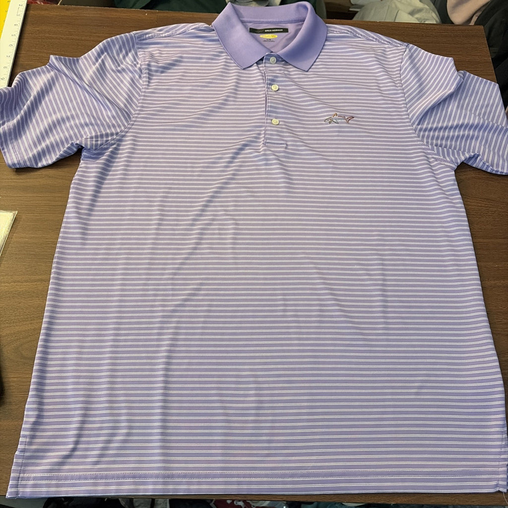Greg Norman Men's Shirt Play Dry Short Sleeve Golf Purple Striped Size Large