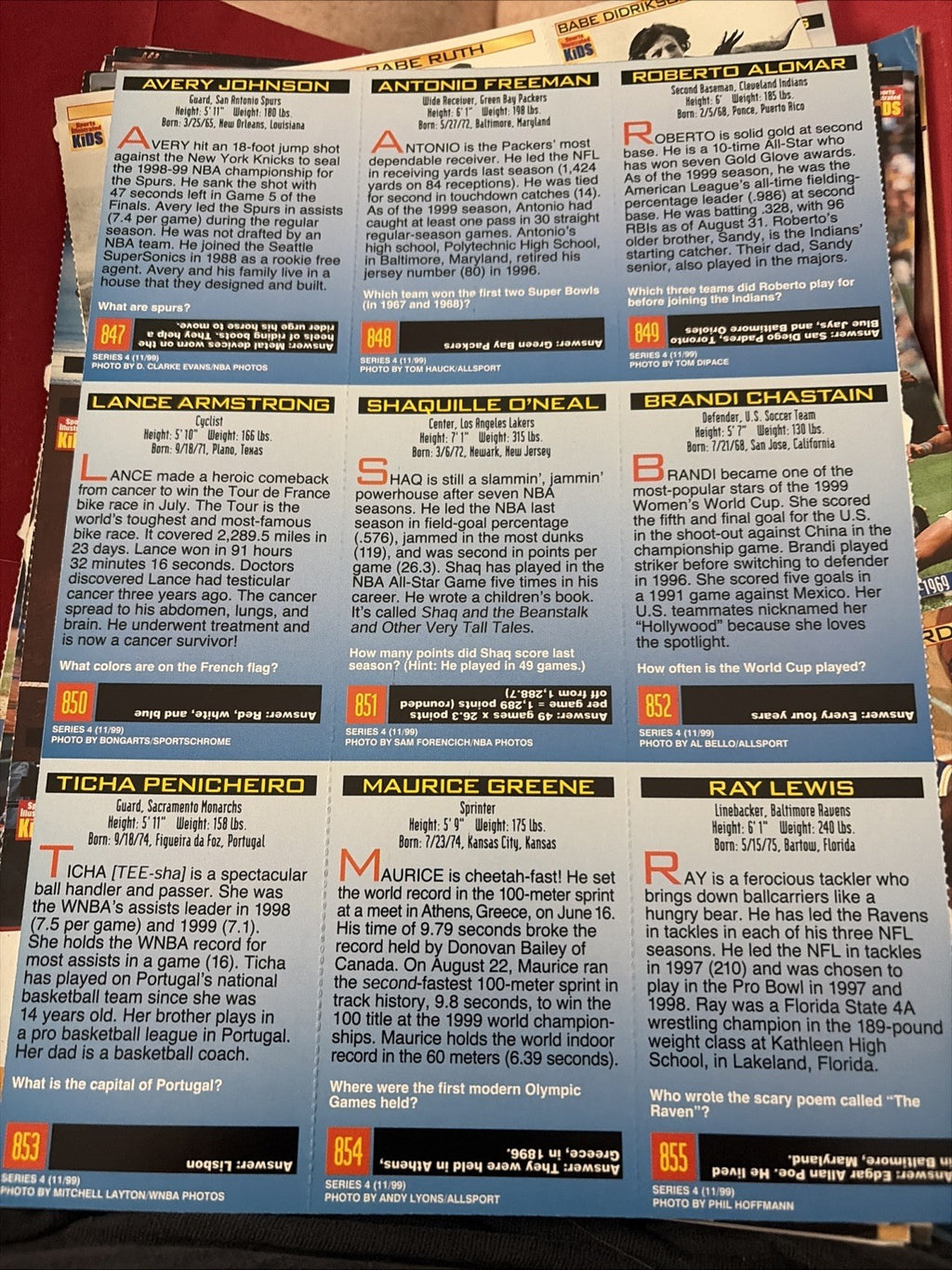 Sports Illustrated Kids 1999 11 November Uncut Card Sheet Shaq Lance Armstrong