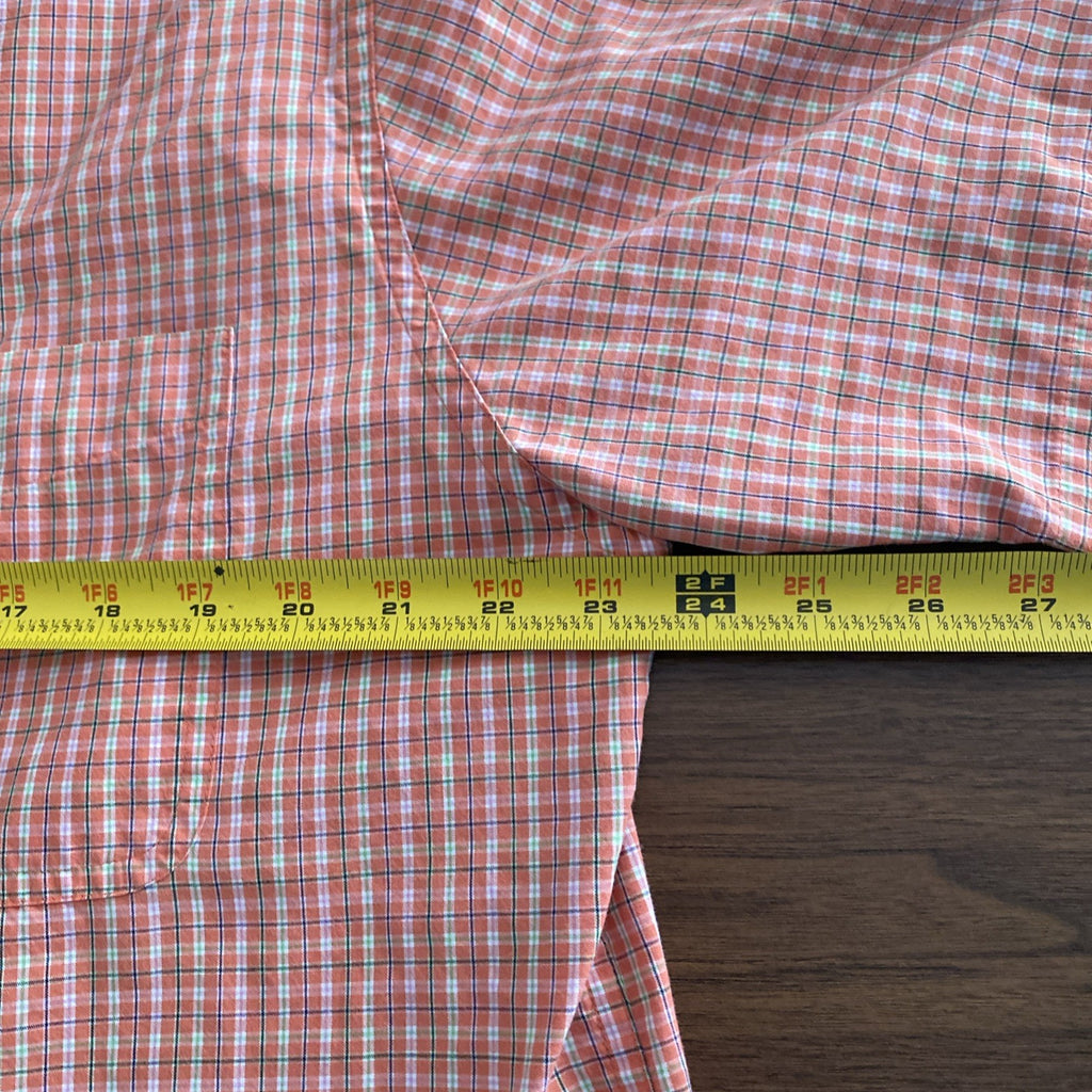 Chaps Easy Care Mens Shirt Orange & White Large Short Sleeve Button Plaid Pocket