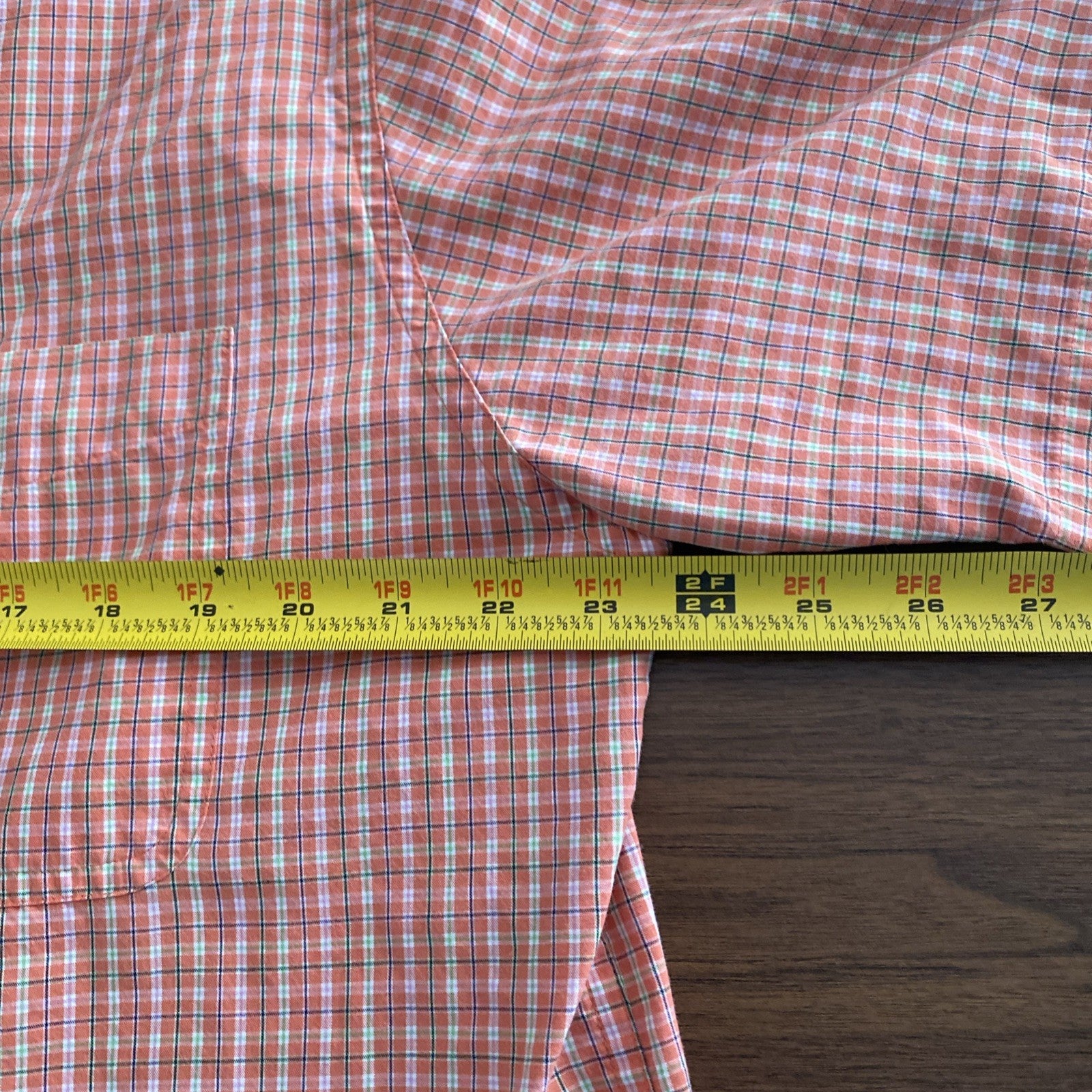 Chaps Easy Care Mens Shirt Orange & White Large Short Sleeve Button Plaid Pocket