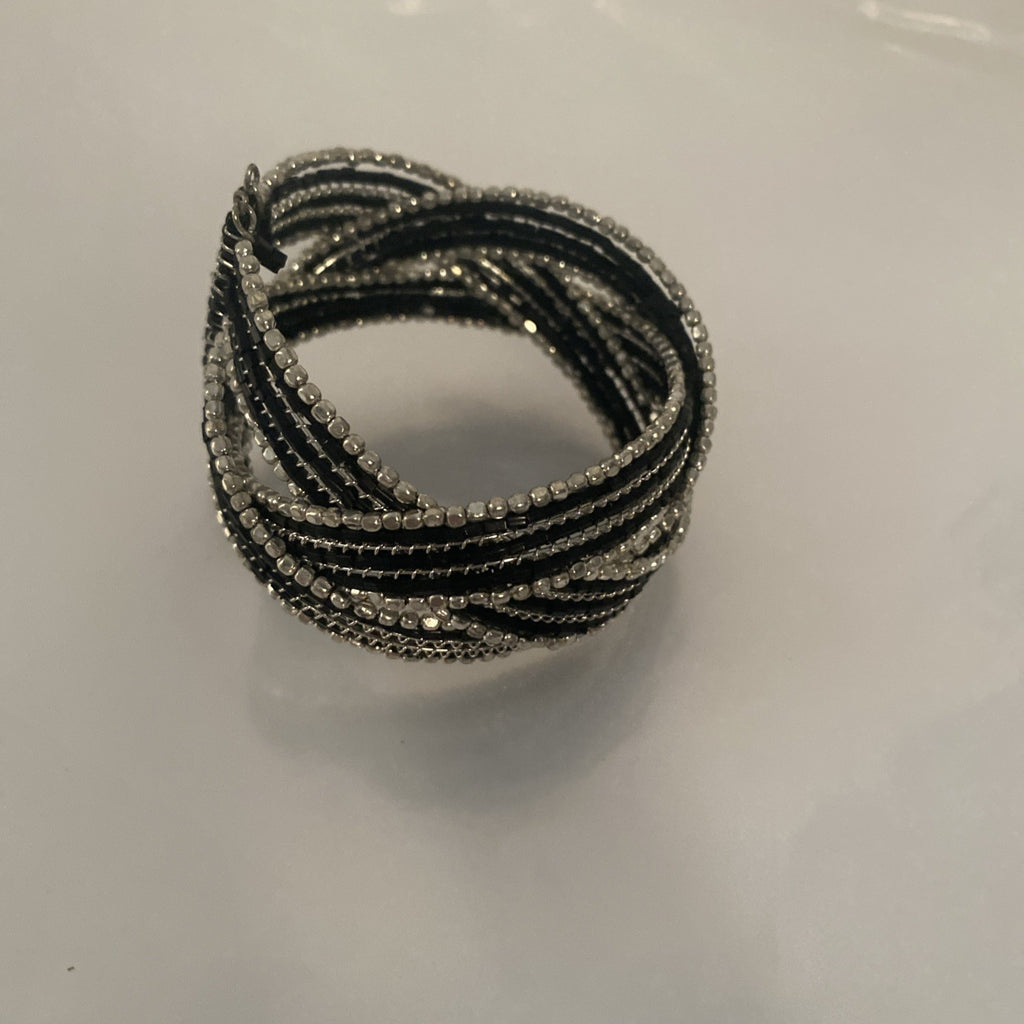 Vintage Cuff Bracelet Open Cuff 5" Silvertone Black 1.5" Wide 1970-1980