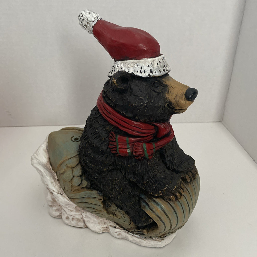 Stone Bunny Inc Bear Sleigh Ridd 9.75" Statue Christmas Fish 2002 Telle M Stein