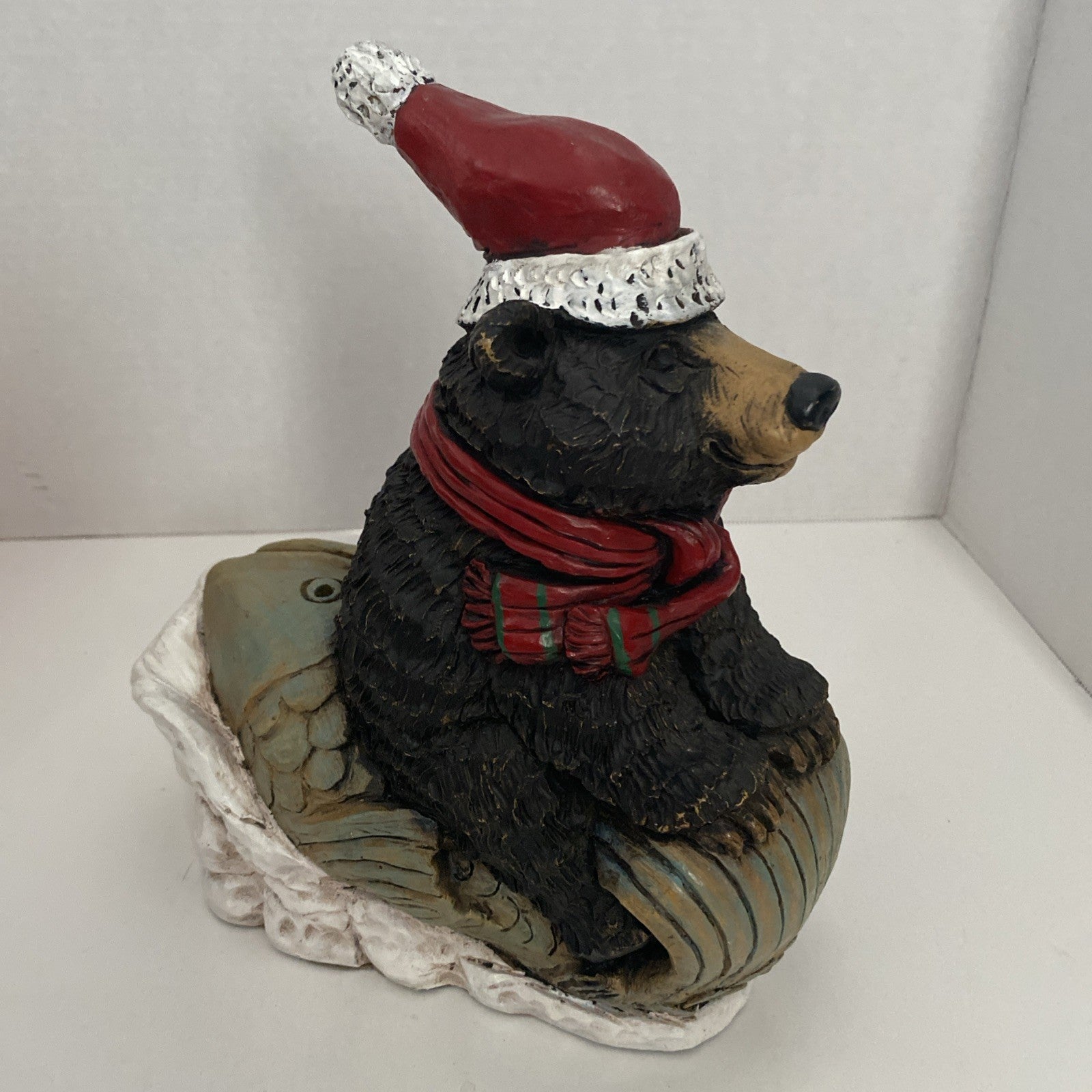 Stone Bunny Inc Bear Sleigh Ridd 9.75" Statue Christmas Fish 2002 Telle M Stein