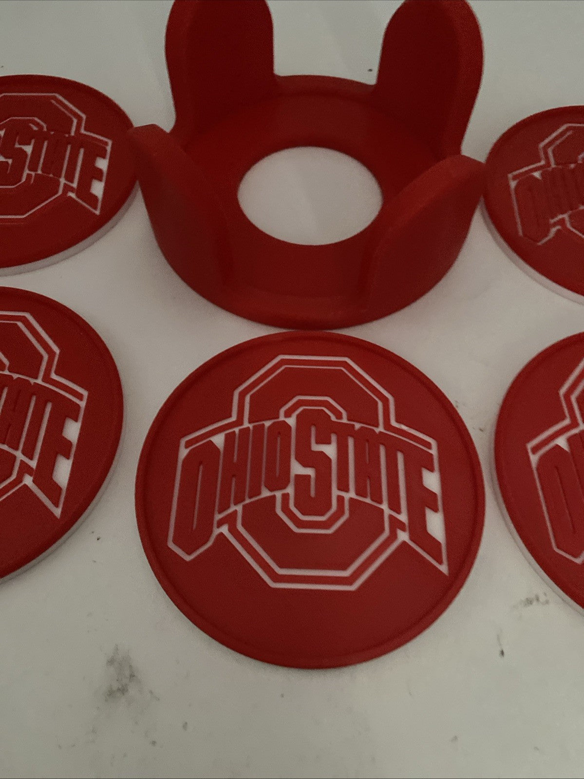 Custom 3-D printed Ohio State university coaster set five coasters and holder