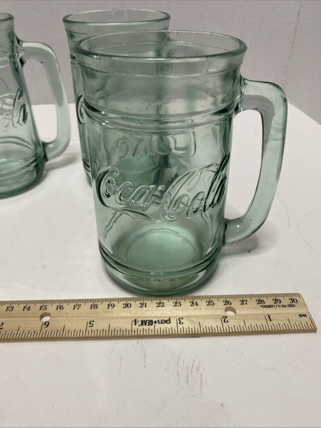 Set of 4 Vintage COCA-COLA Green Glass Coke Mugs Stein w/ Handle 16 oz Heavy