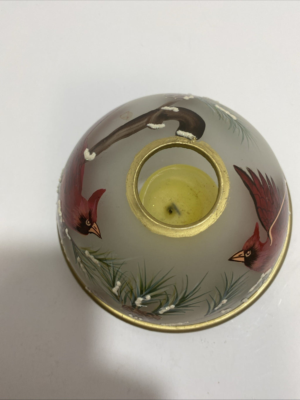 Dennis East International Frosted Glass Candle Holder Cardinal and Winter Pine