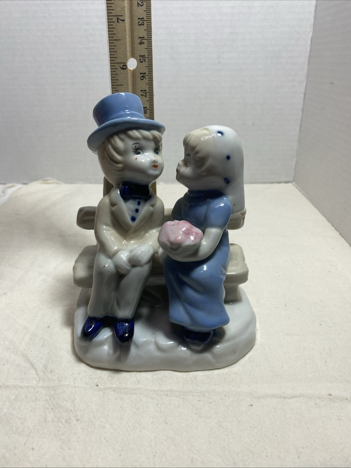 Vintage Bride And Groom Couple On Bench Porcelain Ready For Kiss