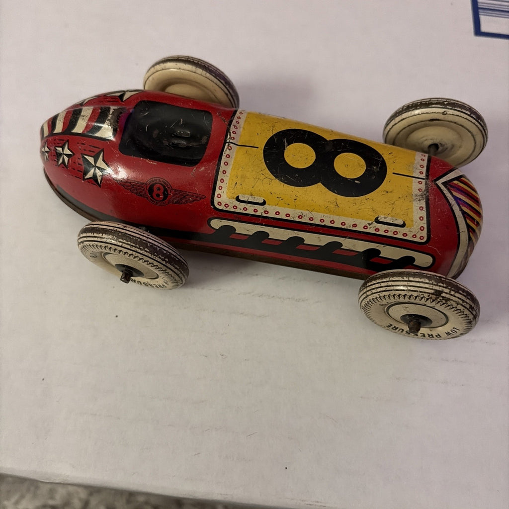 Vintage Lupor Red Yellow Toy Tin Race Car no. 8 No Driver