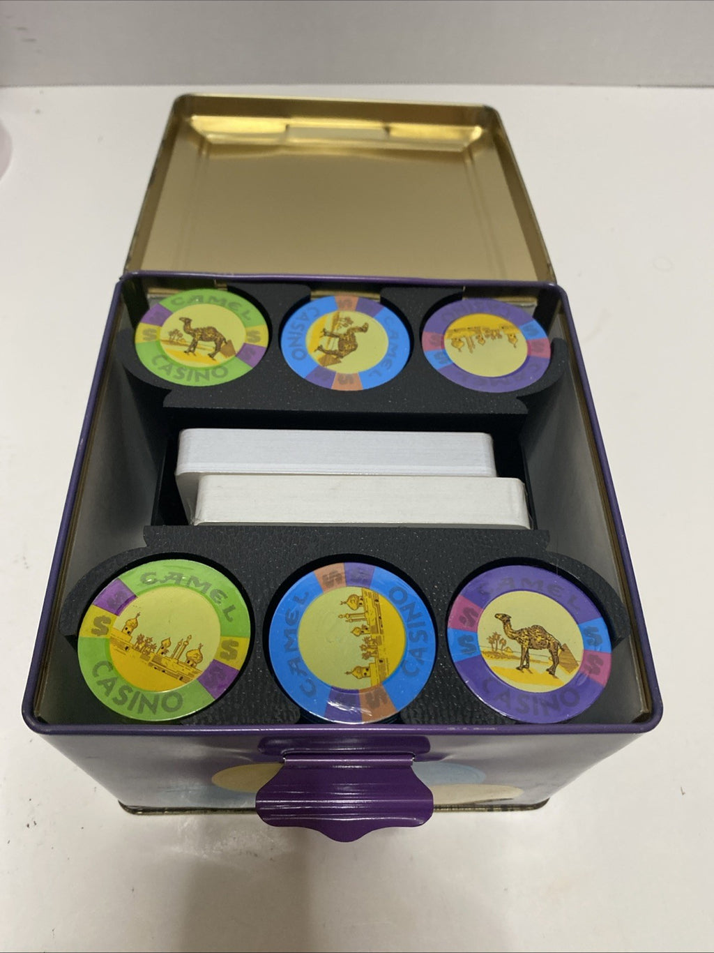 Joe Camel Casino Poker Set Original Tin Box, Both Cards/Chips Still In Wrap Rare