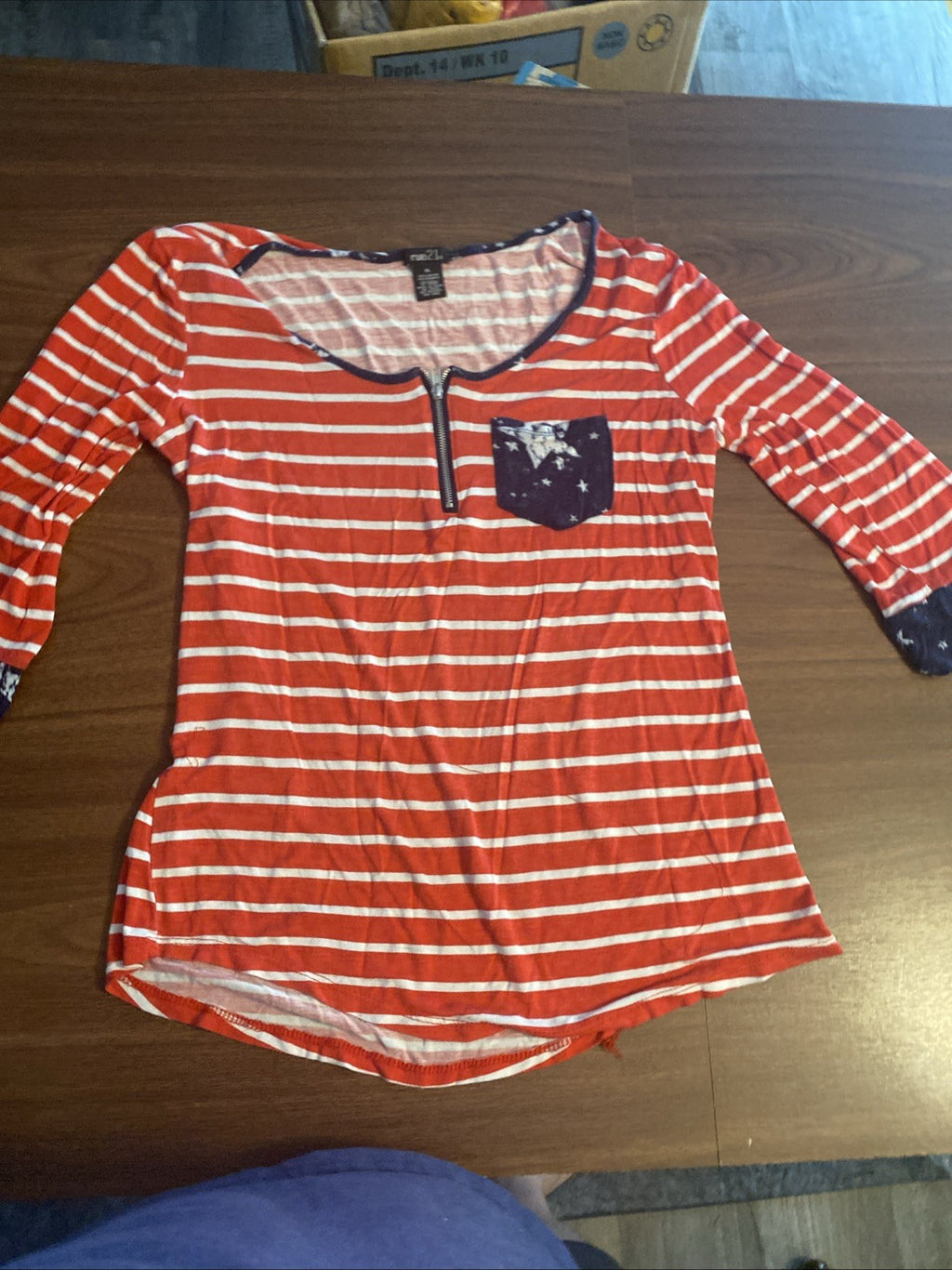 Rue21 Women's Size XL Red White Striped 3/4 Sleeve Zipper Pocket Tee