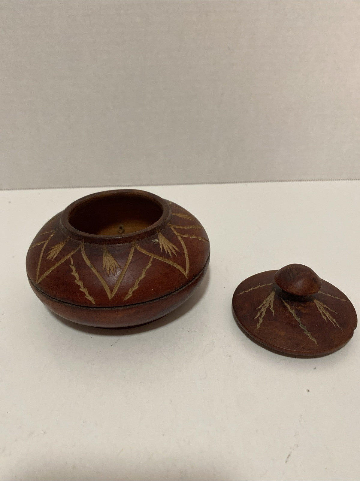 Vintage Hand Carved Wooden Trinket Box With Lid Swirl Design Small 5” Approx