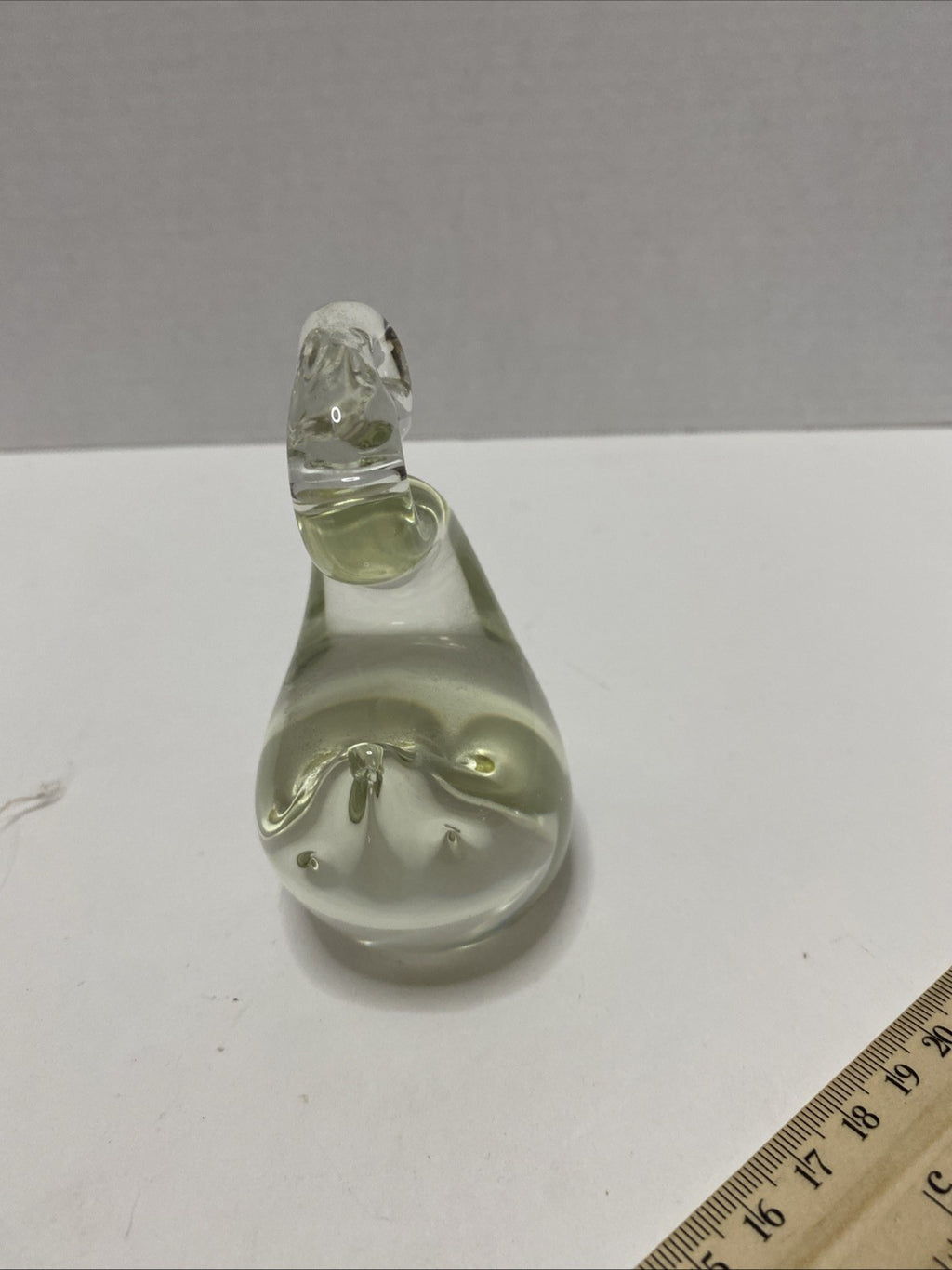 Vintage Clear With Yellowing Glass Paperweight Swan 4”