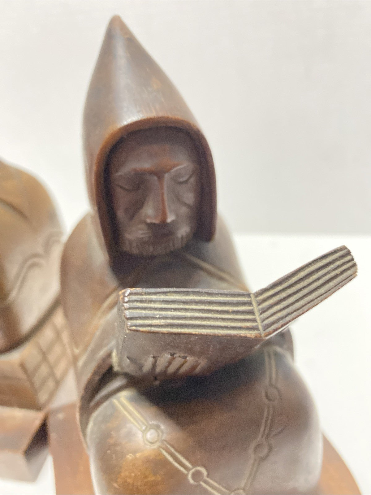 Vintage Hand Carved Wooden Monk Bookends Mid century dark wood christian hermit