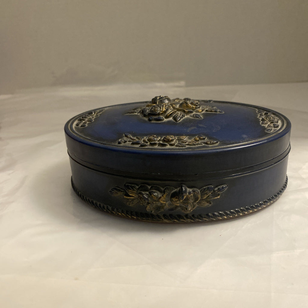 Blue and Gold Hand Painted Trinket Dresser Box w/ Lid Raised Roses Oval 6"x5"x1"
