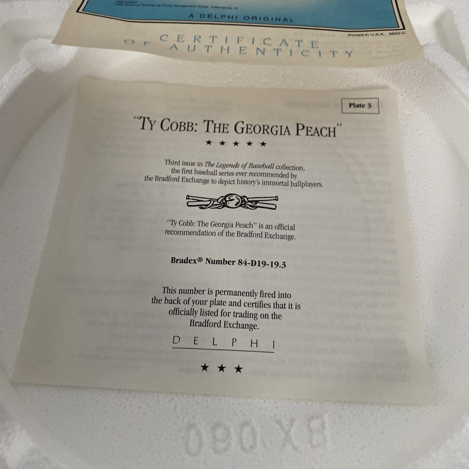 Ty Cobb THE GEORGIA PEACH The Legends of Baseball Collectors Plate 1993