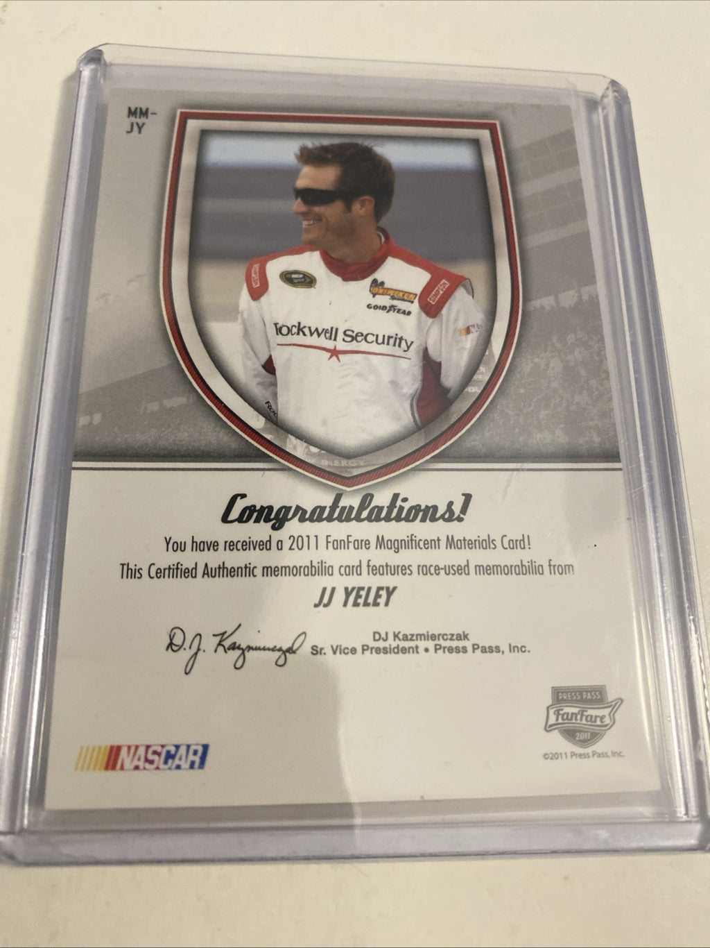 Jj Yeley Press Pass ￼Magnificent Materials Race Used Fire Suit SN: 46/50 2011