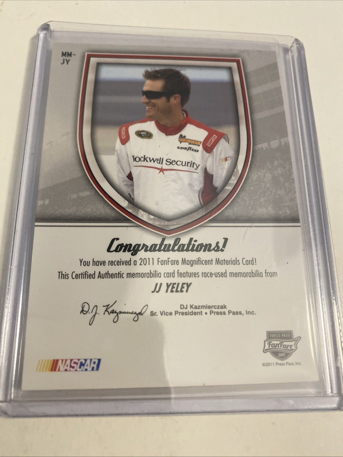 Jj Yeley Press Pass ￼Magnificent Materials Race Used Fire Suit SN: 46/50 2011