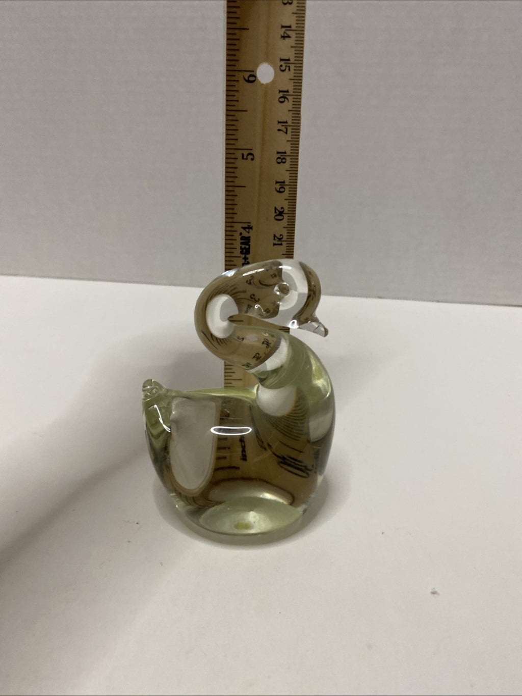 Vintage Clear With Yellowing Glass Paperweight Swan 4”