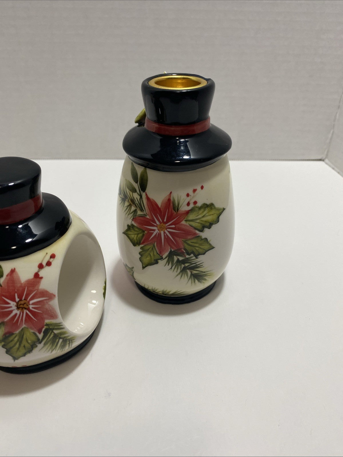 Lot Of 2 Poinsettia Snowman Napkin Ring Holders And 2 Candle Holders