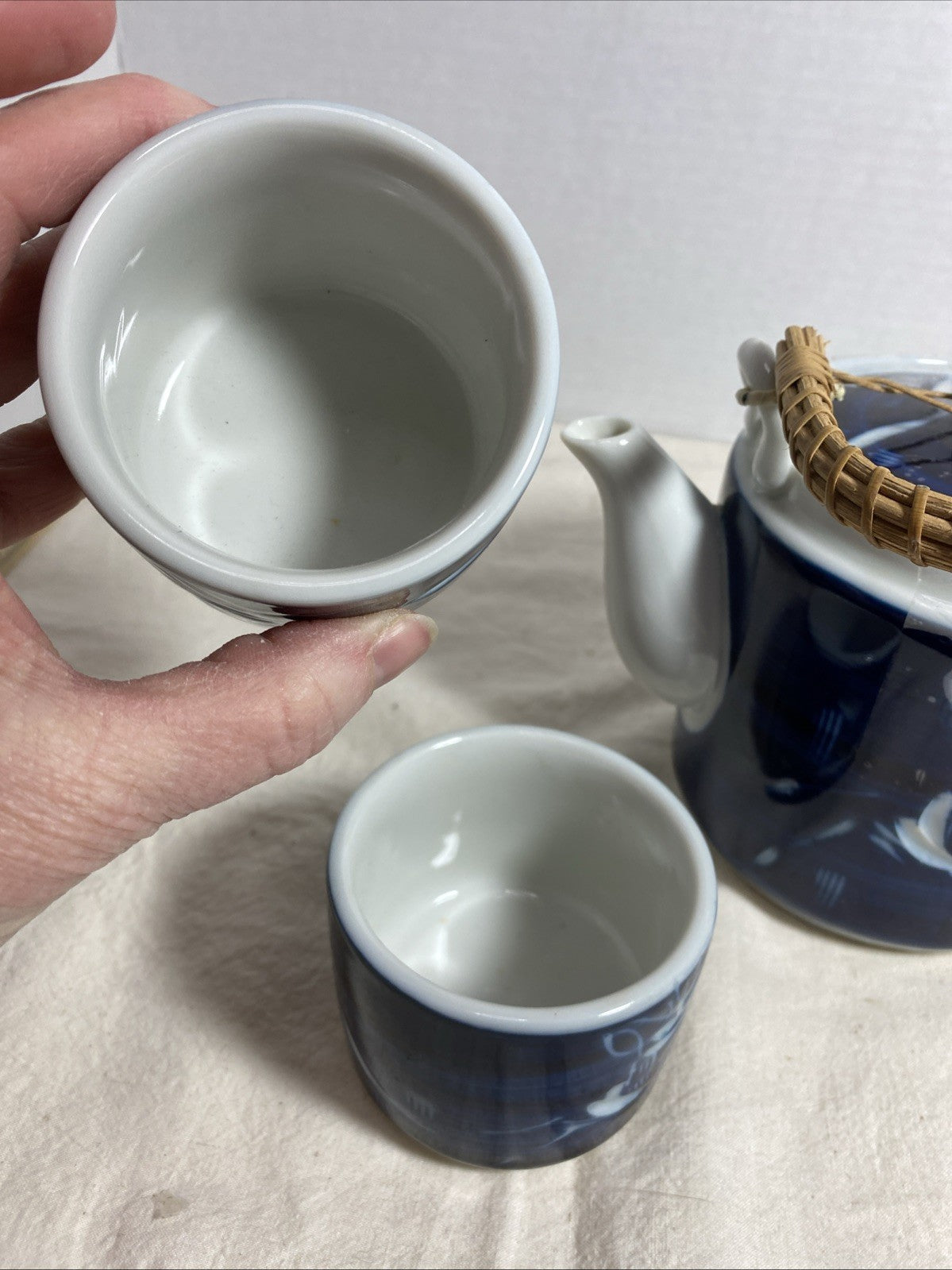Vintage MCI Japan Blue Ceramic Teapot and Cup Set with White Etched Deer Design