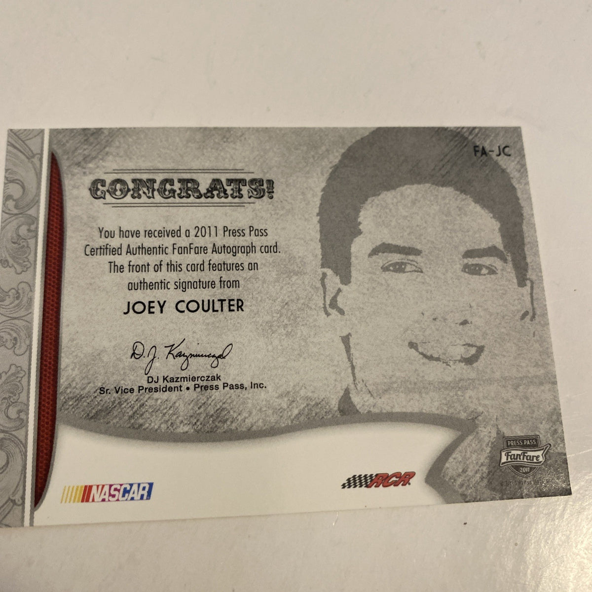 JOEY CAULTER 2011 PRESS PASS FANFARE RACING AUTOGRAPHED CARD 175/250 MADE