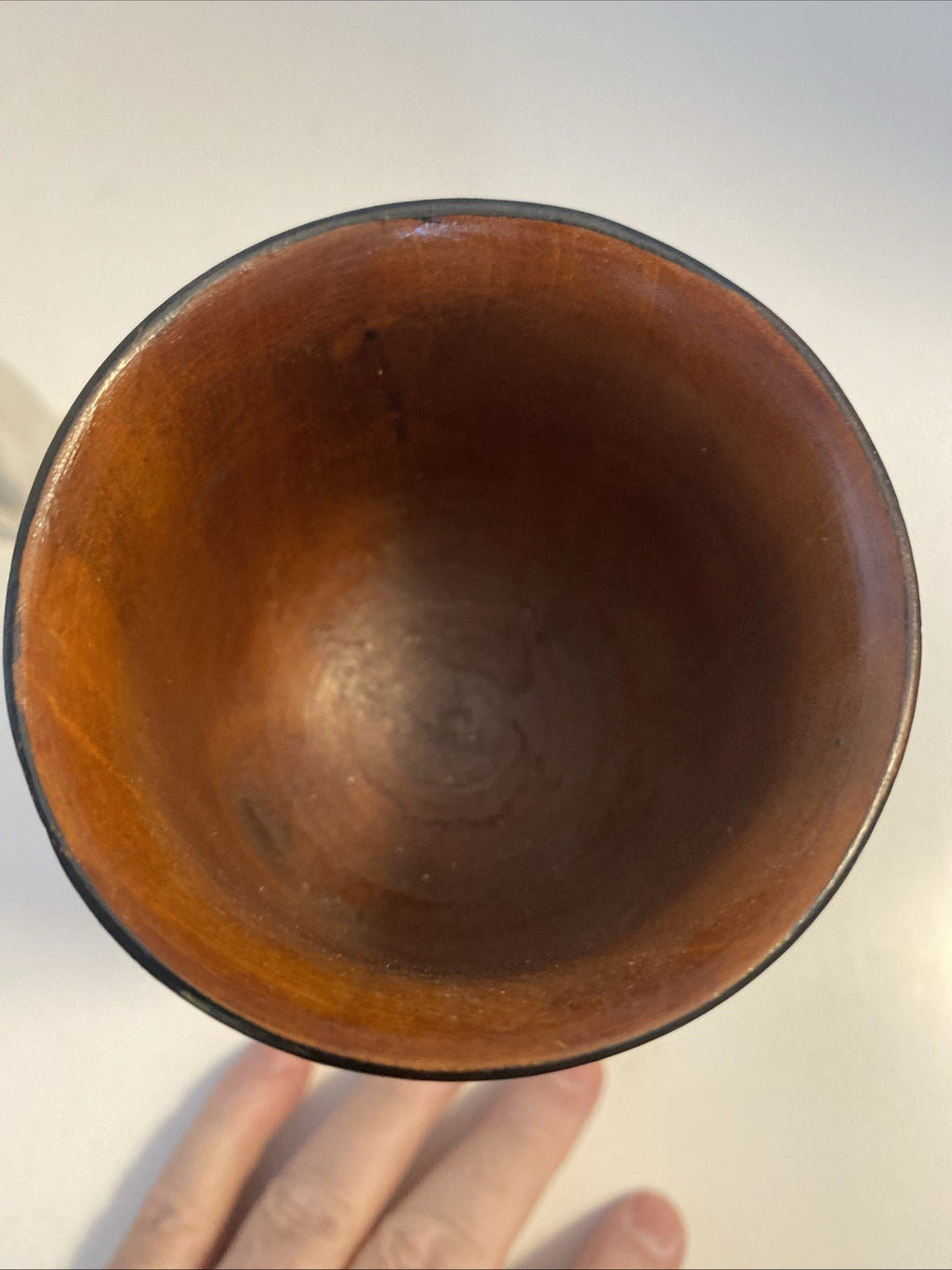 Vintage Black Hand Carved Wooden Stemmed Goblet Light Brown Interior 7.25” (B6)