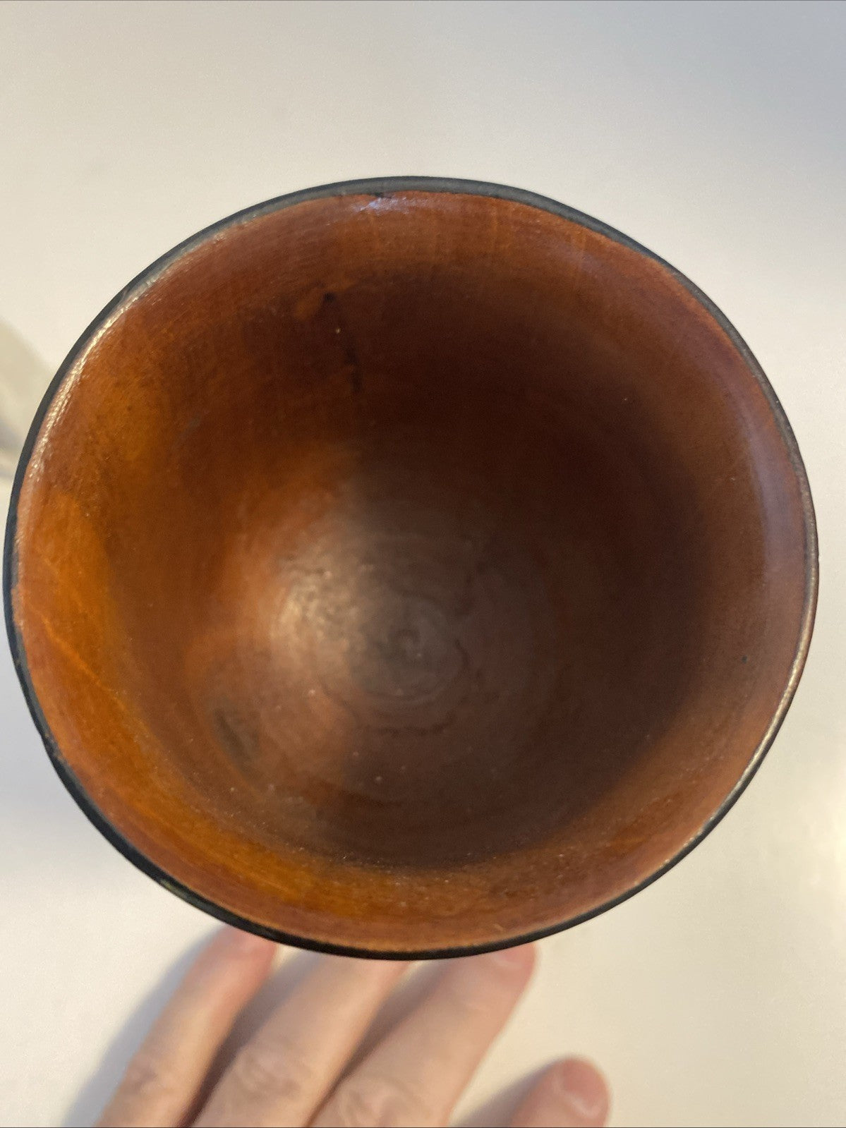 Vintage Black Hand Carved Wooden Stemmed Goblet Light Brown Interior 7.25” (B6)