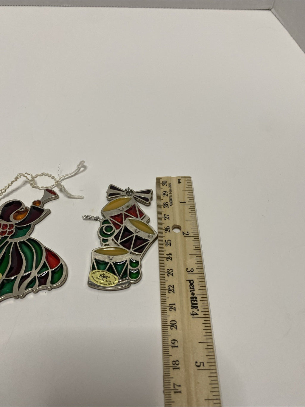 3 Vintage Russ Berrie Stained Glass Style Holiday Christmas Ornaments Angel Drum