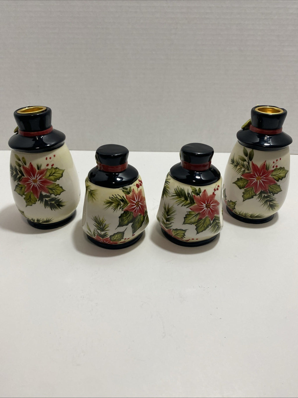 Lot Of 2 Poinsettia Snowman Napkin Ring Holders And 2 Candle Holders