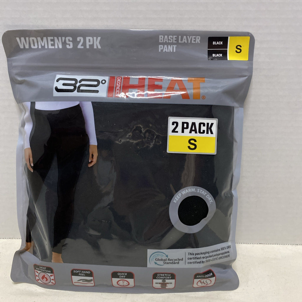 New 32 DEGREES HEAT Ladies Small 2 Pack Black Thermal Base Layer Pants