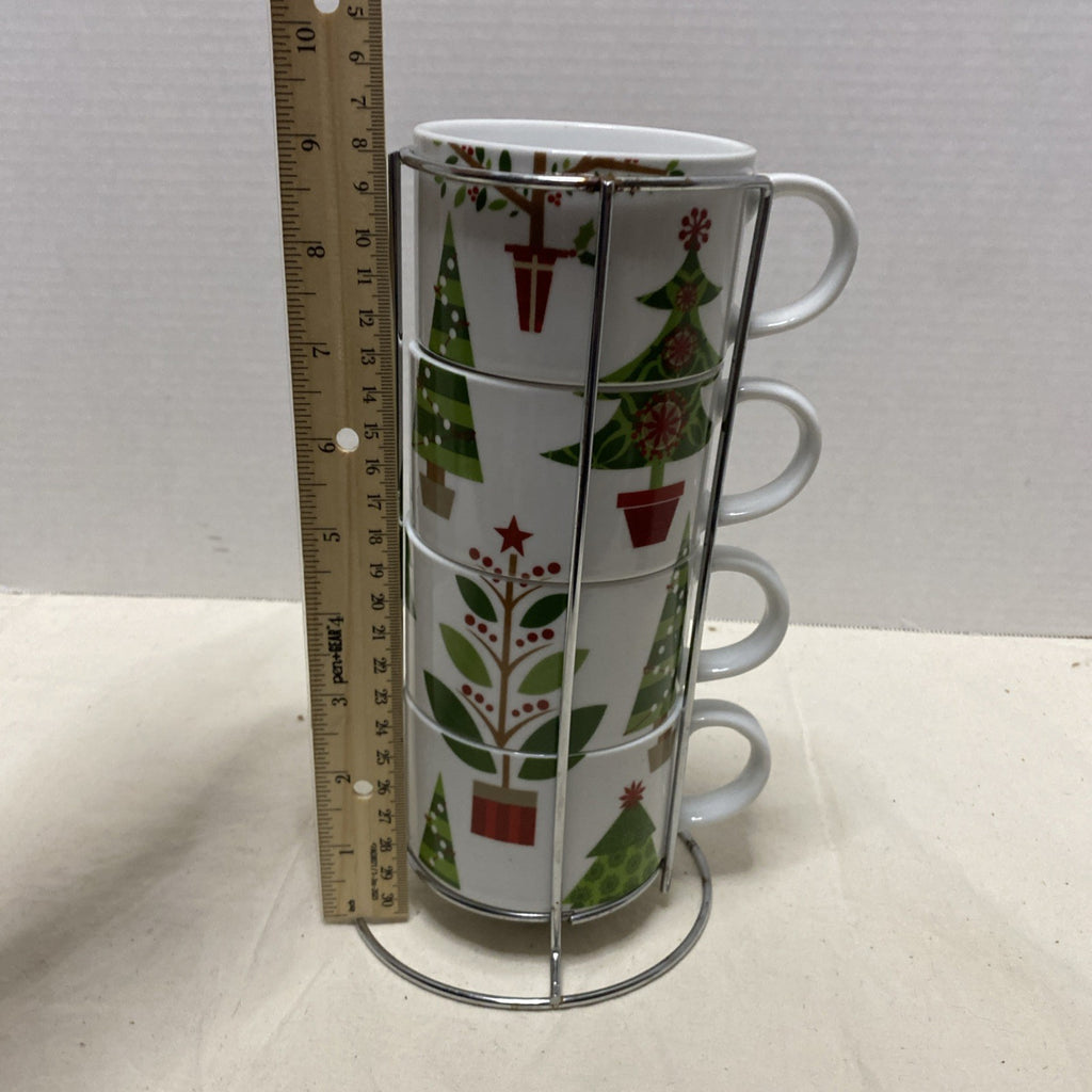 Pier 1 Imports Stacking Christmas Tree Mugs Set of 4 Metal Rack