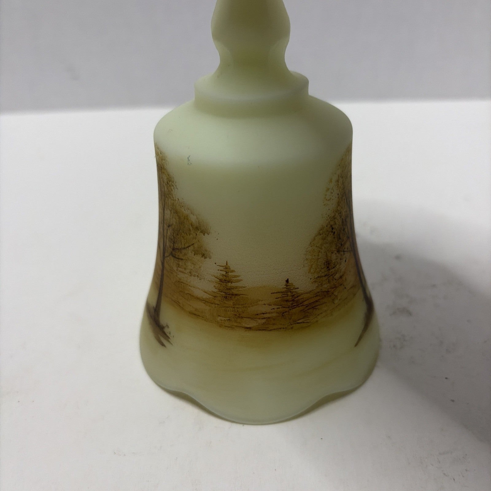 Vintage Fenton Uranium Custard Glass Bell Log Cabin Hand Painted Signed ~ Glows
