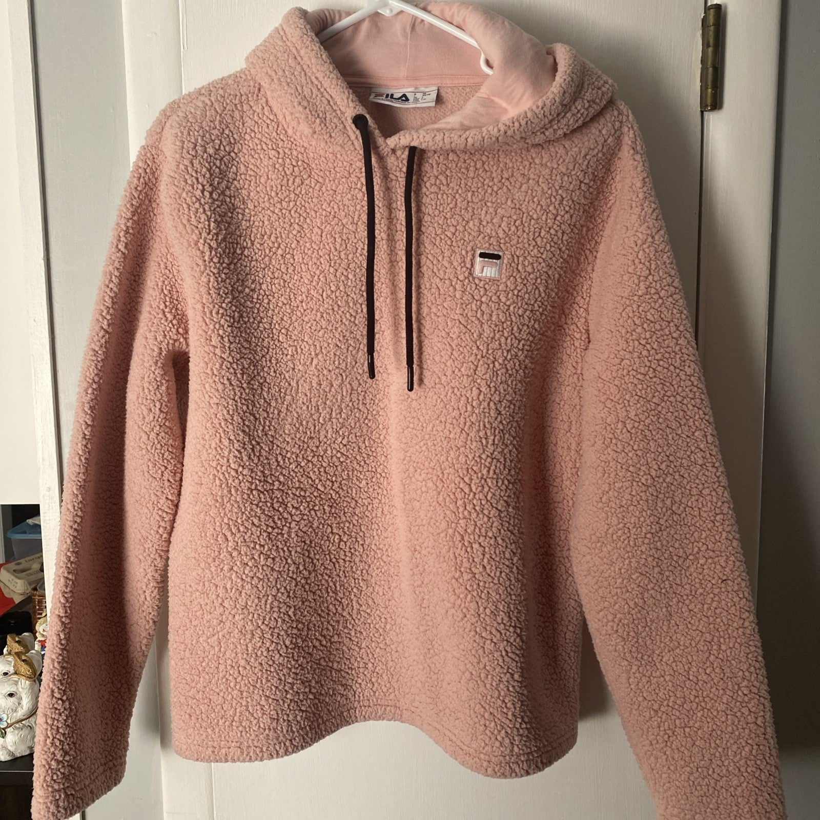 FILA Pink Sherpa Hoodie Logo Polyester Fleece Womens sz L
