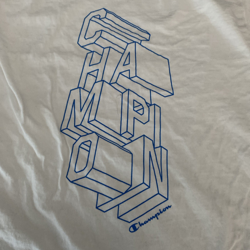 Champions Block Logo T-Shirt White & Blue Sz Medium