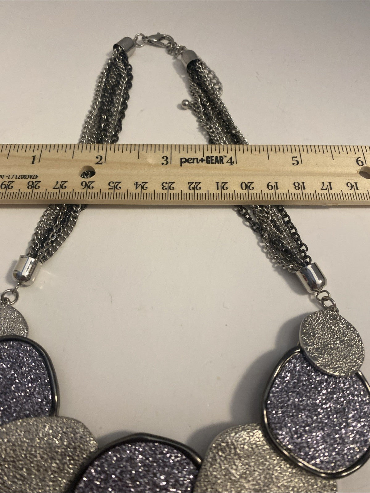 Shimmer Statement Collar Necklace with Silver Tone Disk Pedants