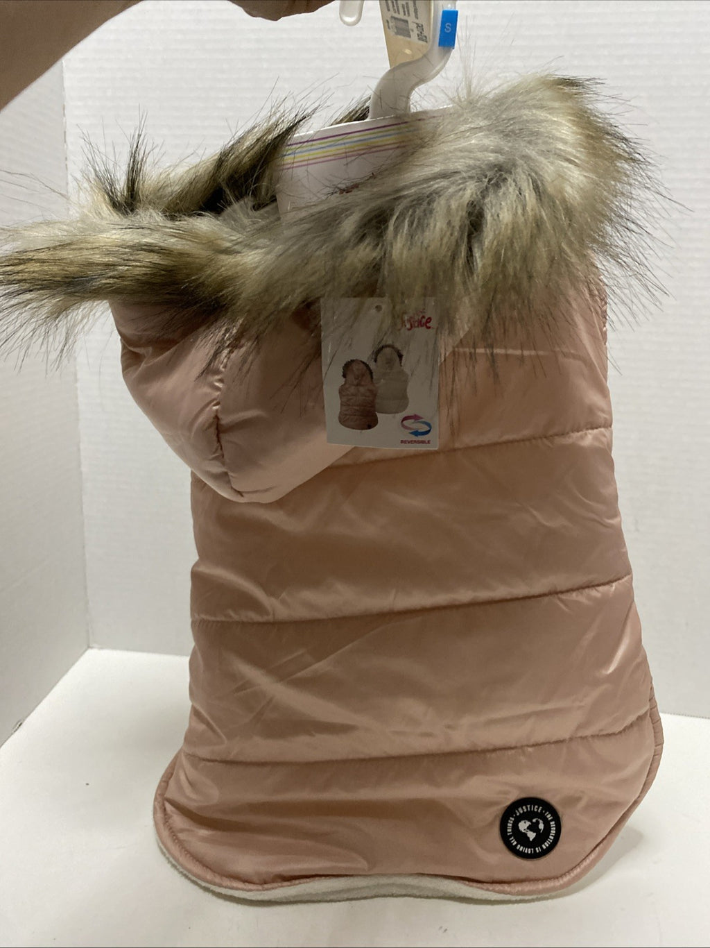 Justice Pet Reversible Pink Puffer Jacket w Pink Faux Fur Trim Size Small