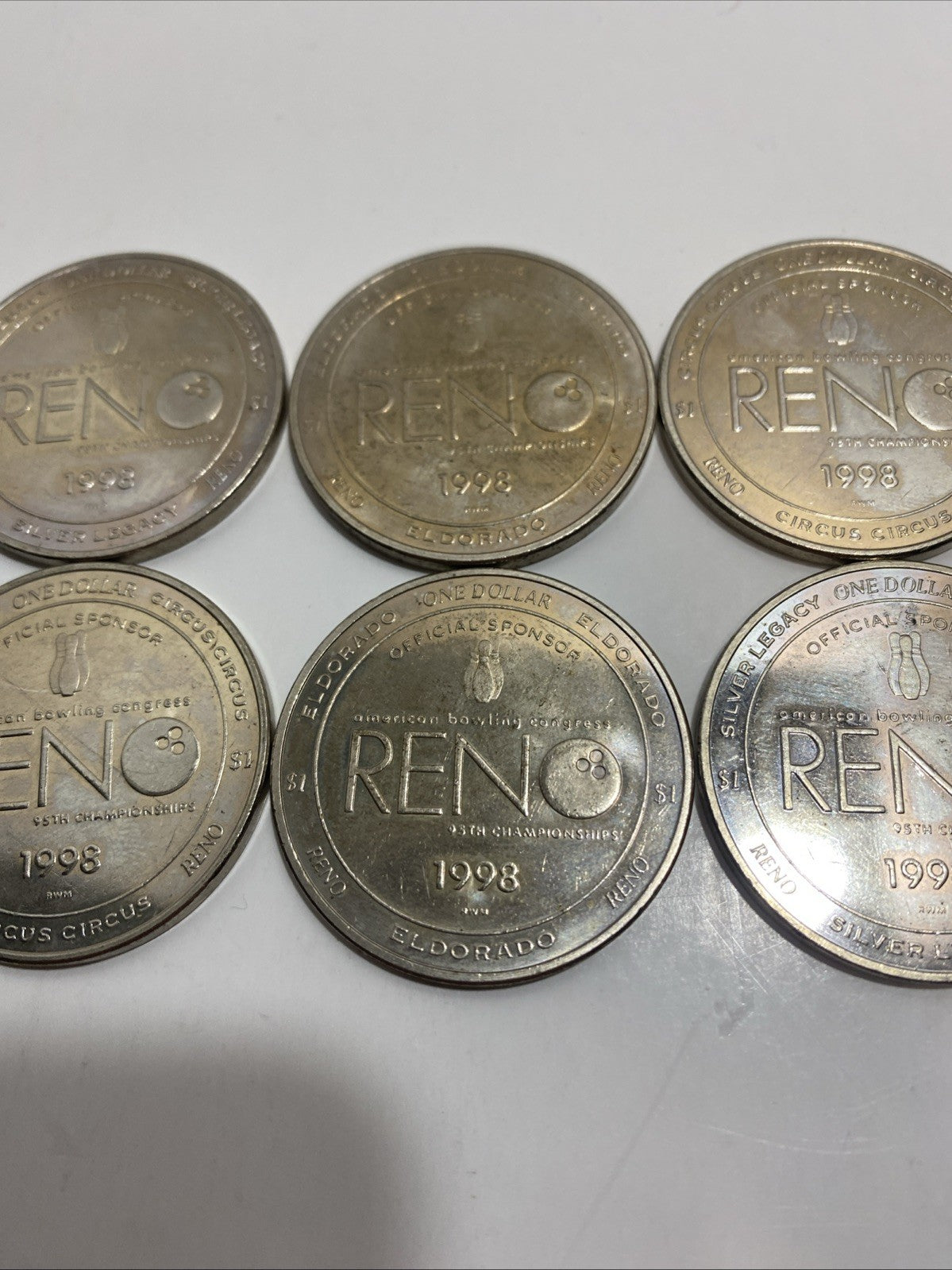 American Bowling Congress Tournament Reno, NV 6 Casino Tokens 1998 Without Box